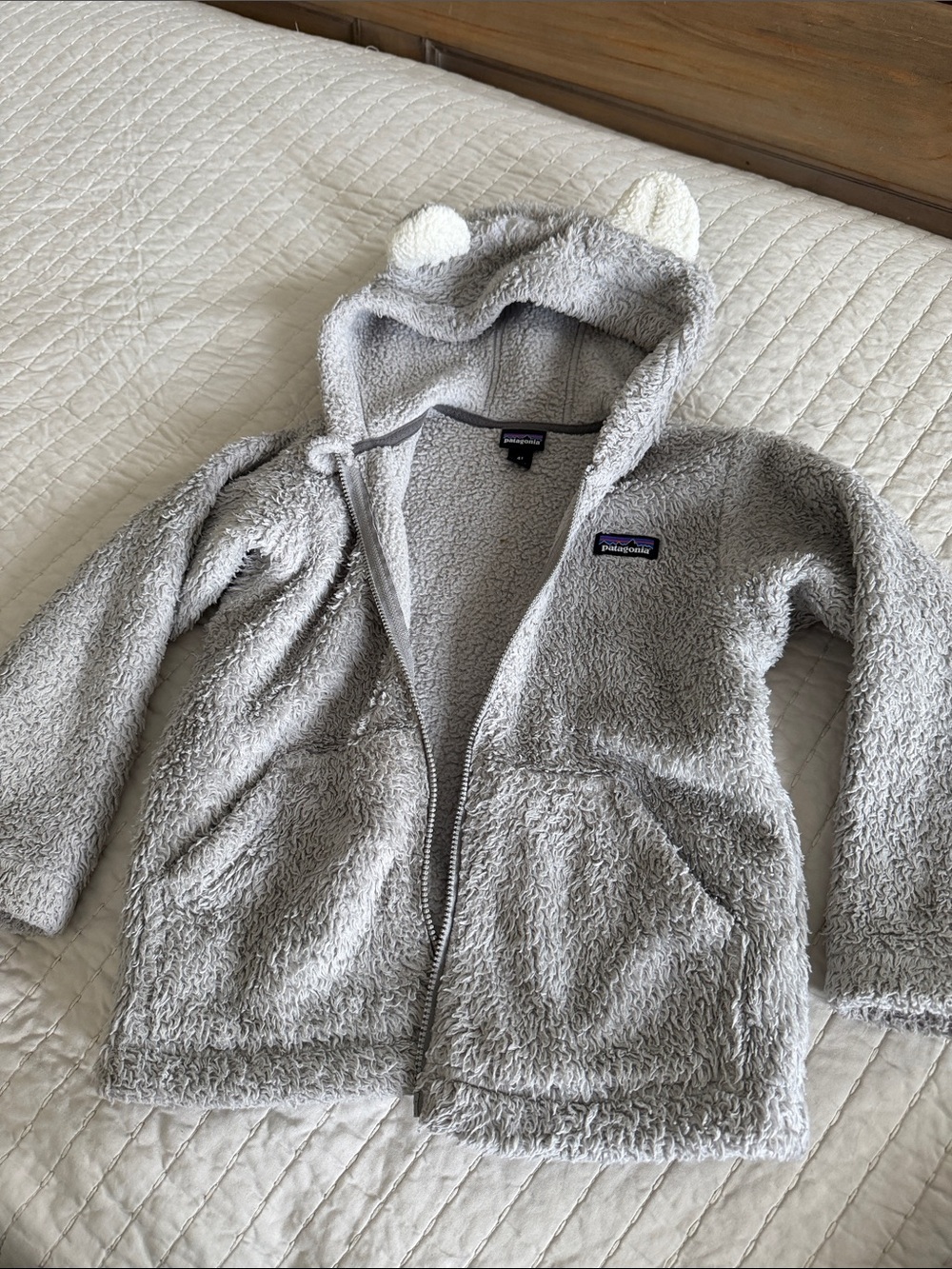 Patagonia Kids Hooded Sherpa Jacket in Light Gray with Ear Detail